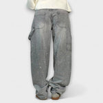 Graue Denim-Ballon-Carpenter-Jeans mit Glitzersprenkeln, Gürtelschlaufen und Taschen