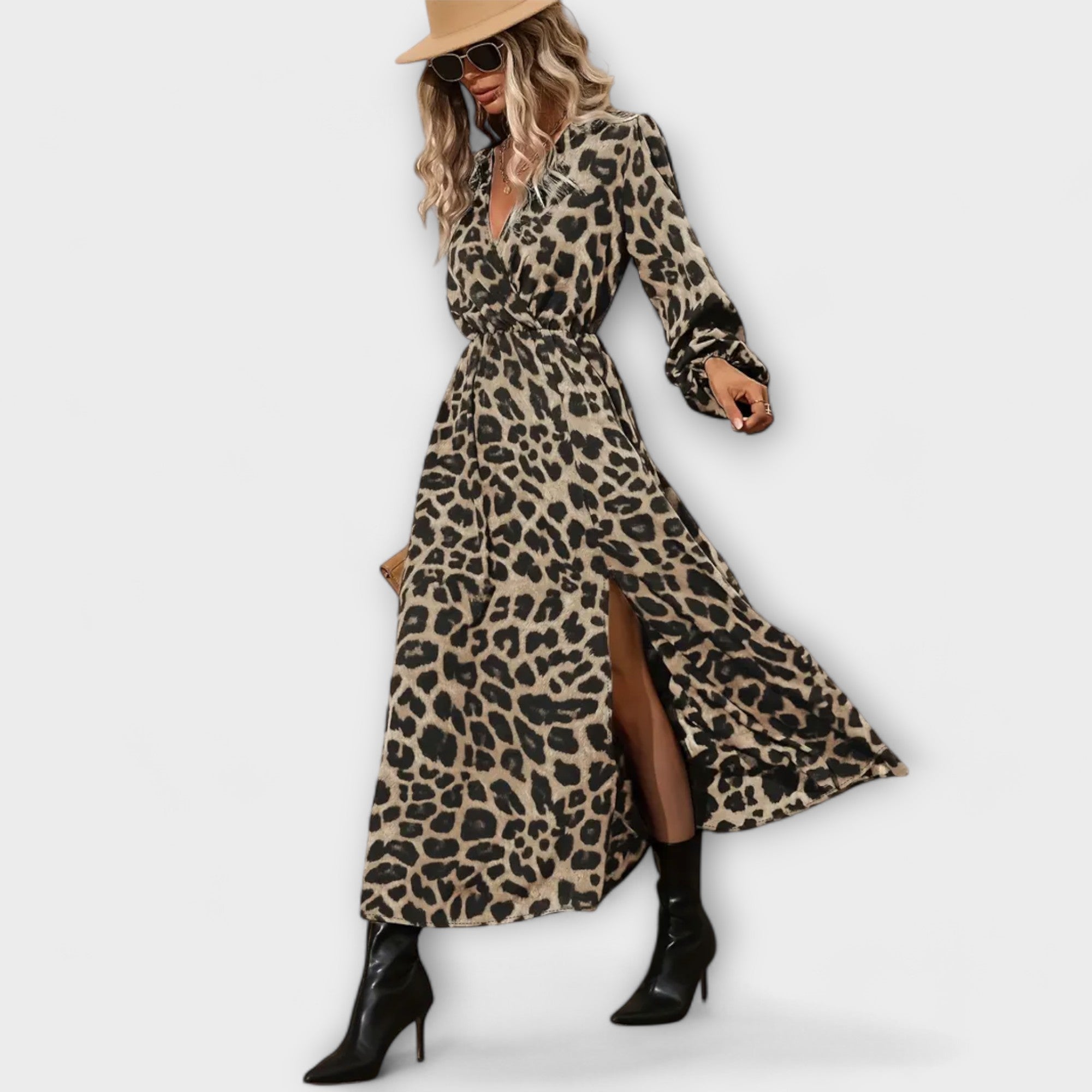 Maxikleid mit Leopardenmuster, V-Ausschnitt, langen Ärmeln und Schlitz