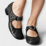 Schwarze Paulina-Leder-Sandalen mit Knöchelriemen und runder Schnalle