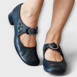 Blaue Paulina-Leder-Sandalen mit Knöchelriemen und runder Schnalle