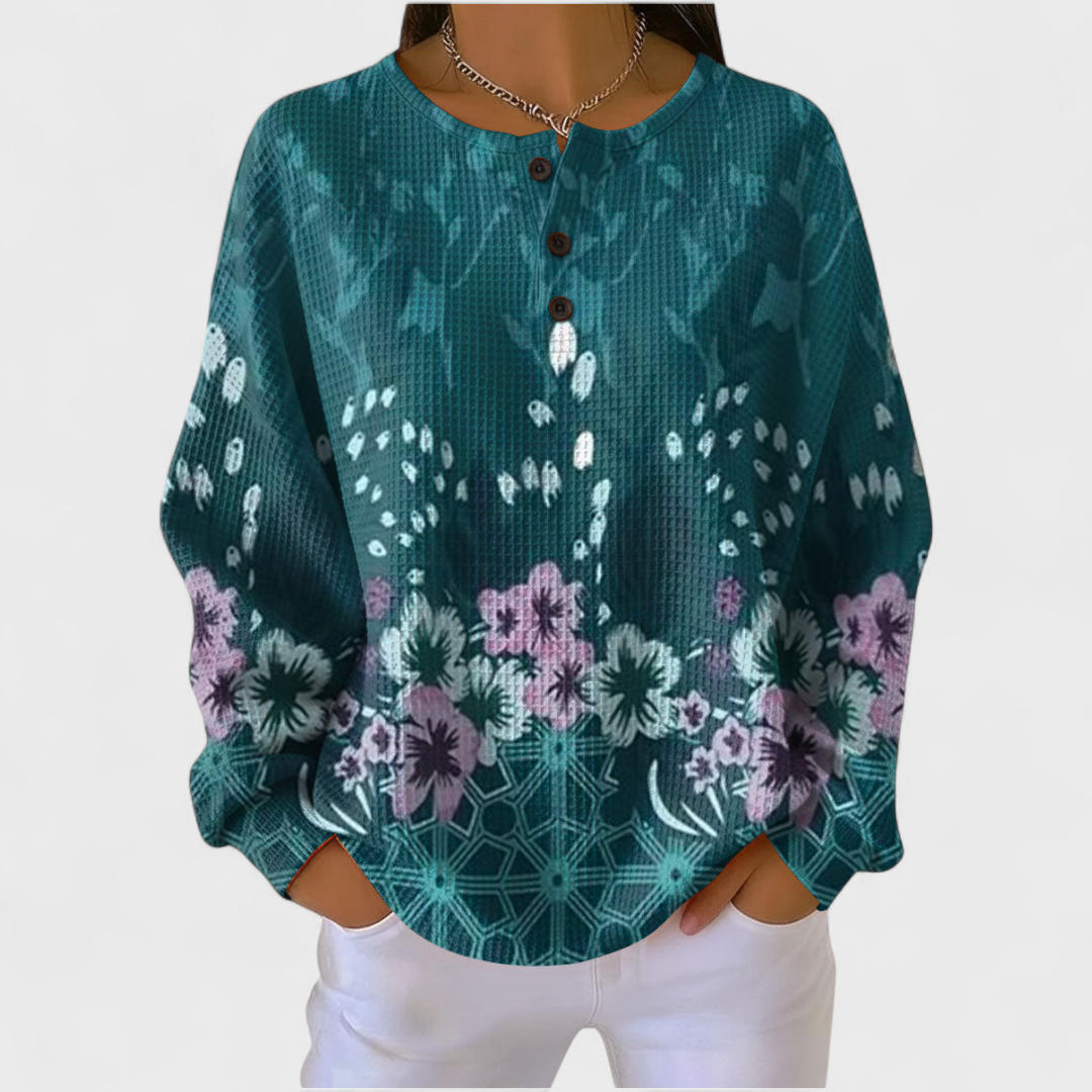 Pullover mit floralem Muster, Knopfleiste und V-Ausschnitt, langarm, türkis/dunkelgrün