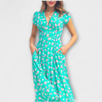 Türkisfarbenes Midi-Kleid mit Knopfleiste, V-Ausschnitt, kurze Ärmel, Blumenmuster