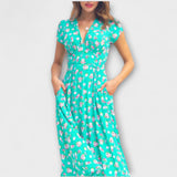 Türkisfarbenes Midi-Kleid mit Knopfleiste, V-Ausschnitt, kurze Ärmel, Blumenmuster