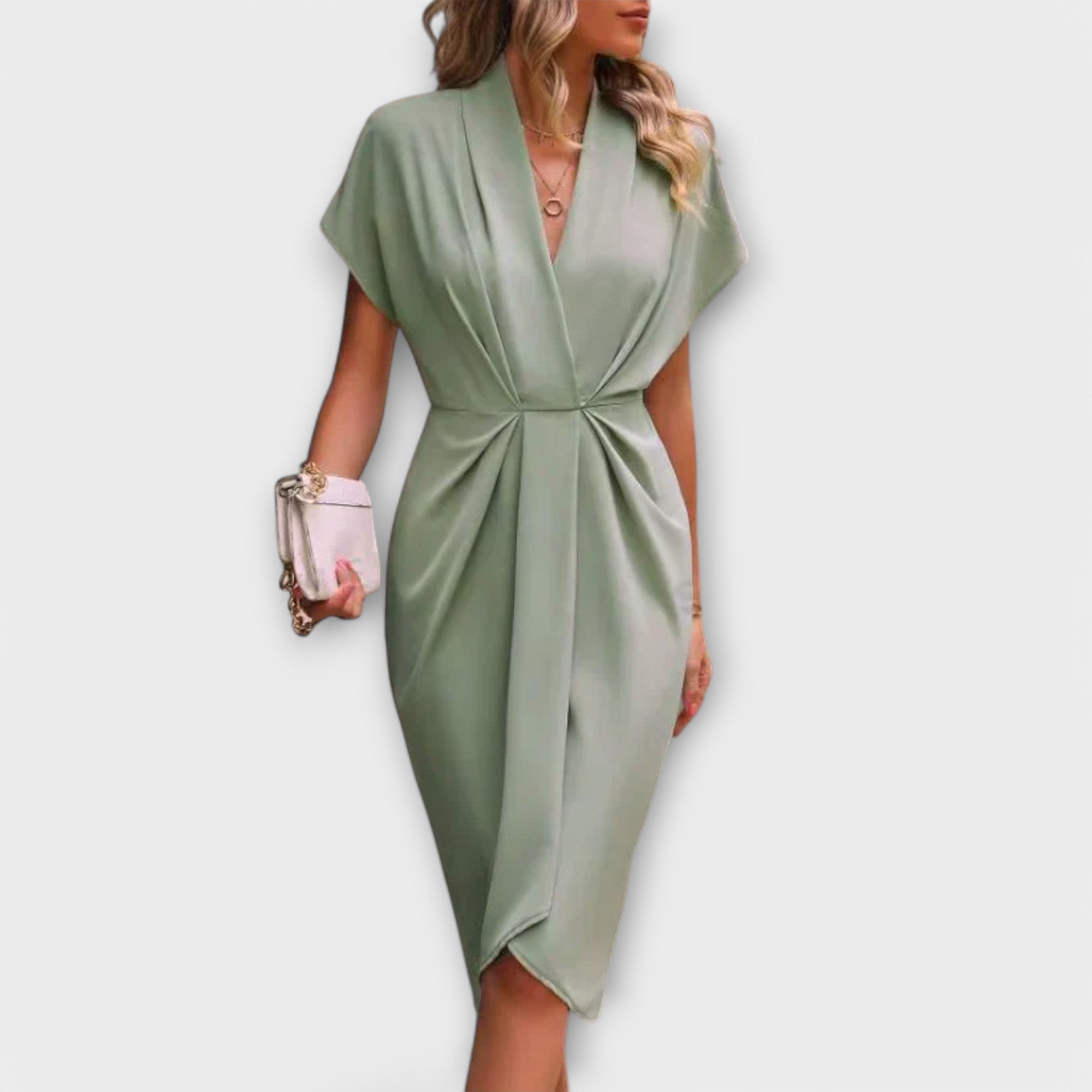 Wickel-Midi-Kleid mit V-Ausschnitt, kurzen Ärmeln und Bindegürtel, hellgrün
