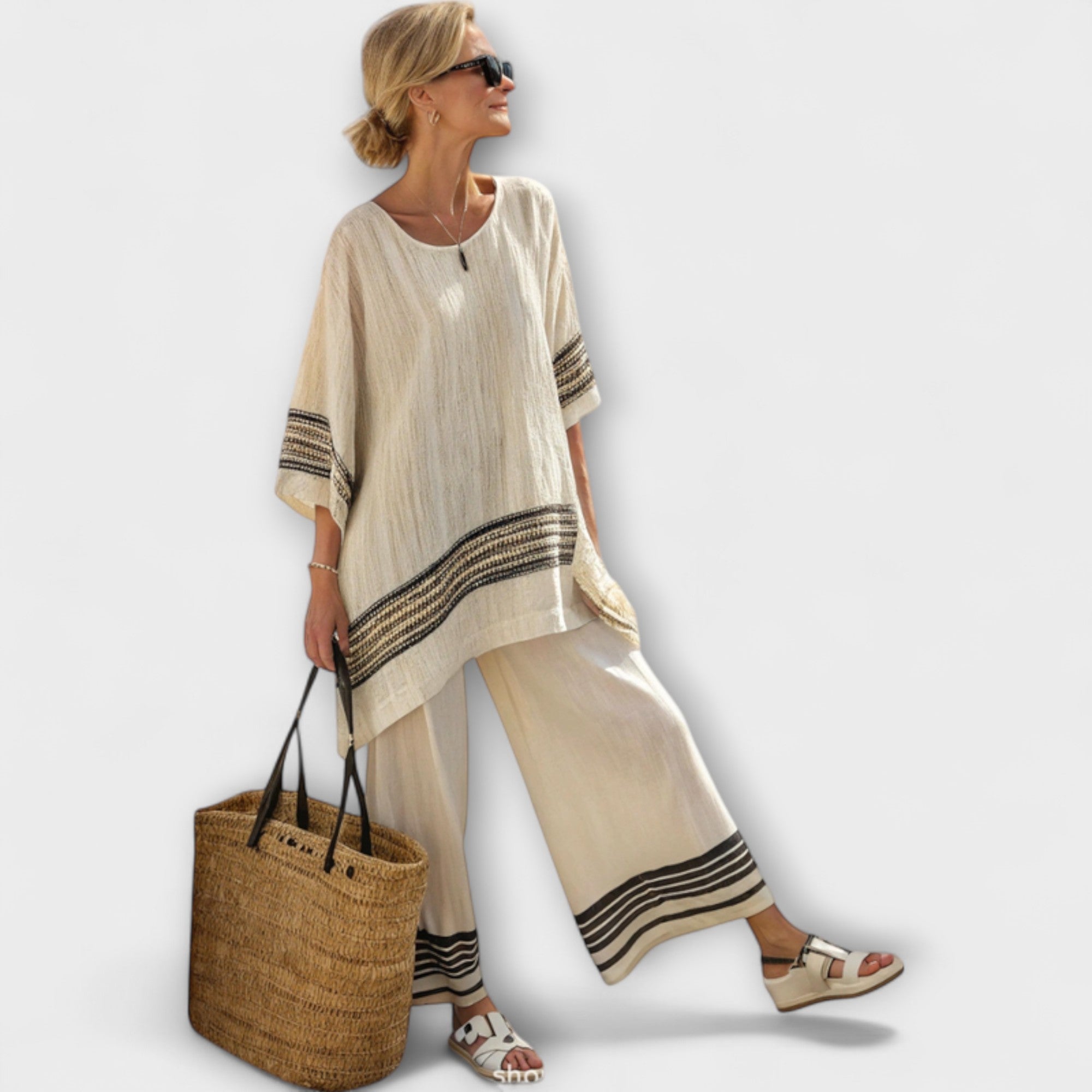 Zweiteiliges Ethnisches Set: naturfarbene Tunika mit schwarzen Streifen, dazu Hose