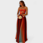 Trägerloses Maxikleid mit Schleife am Bustier und Farbverlauf rot/türkis, bodenlang