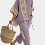 Lila Leinen-Bambus-Set: Oversize-Tunika mit gestreiftem Einsatz, lockere Hose