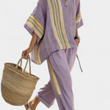 Lila Leinen-Bambus-Set: Oversize-Tunika mit gestreiftem Einsatz, lockere Hose