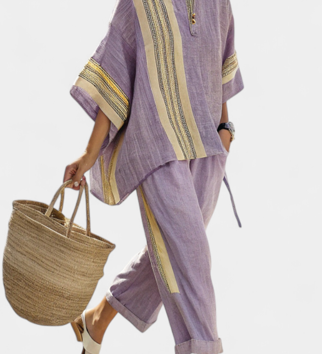 Lila Leinen-Bambus-Set: Oversize-Tunika mit gestreiftem Einsatz, lockere Hose