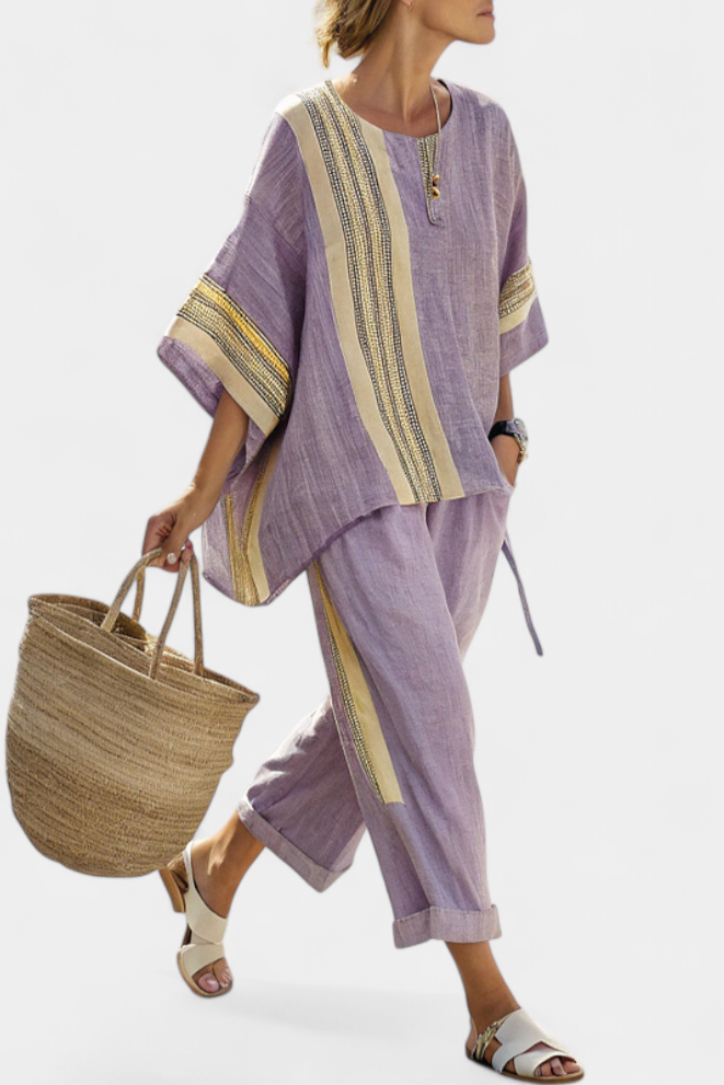 Lila Leinen-Bambus-Set: Oversize-Tunika mit gestreiftem Einsatz, lockere Hose
