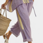 Lila Leinen-Bambus-Set: weite Hose mit Streifenbesatz, Tunika-Saum mit Bindeband