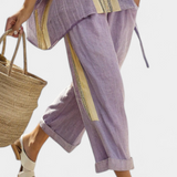 Lila Leinen-Bambus-Set: weite Hose mit Streifenbesatz, Tunika-Saum mit Bindeband