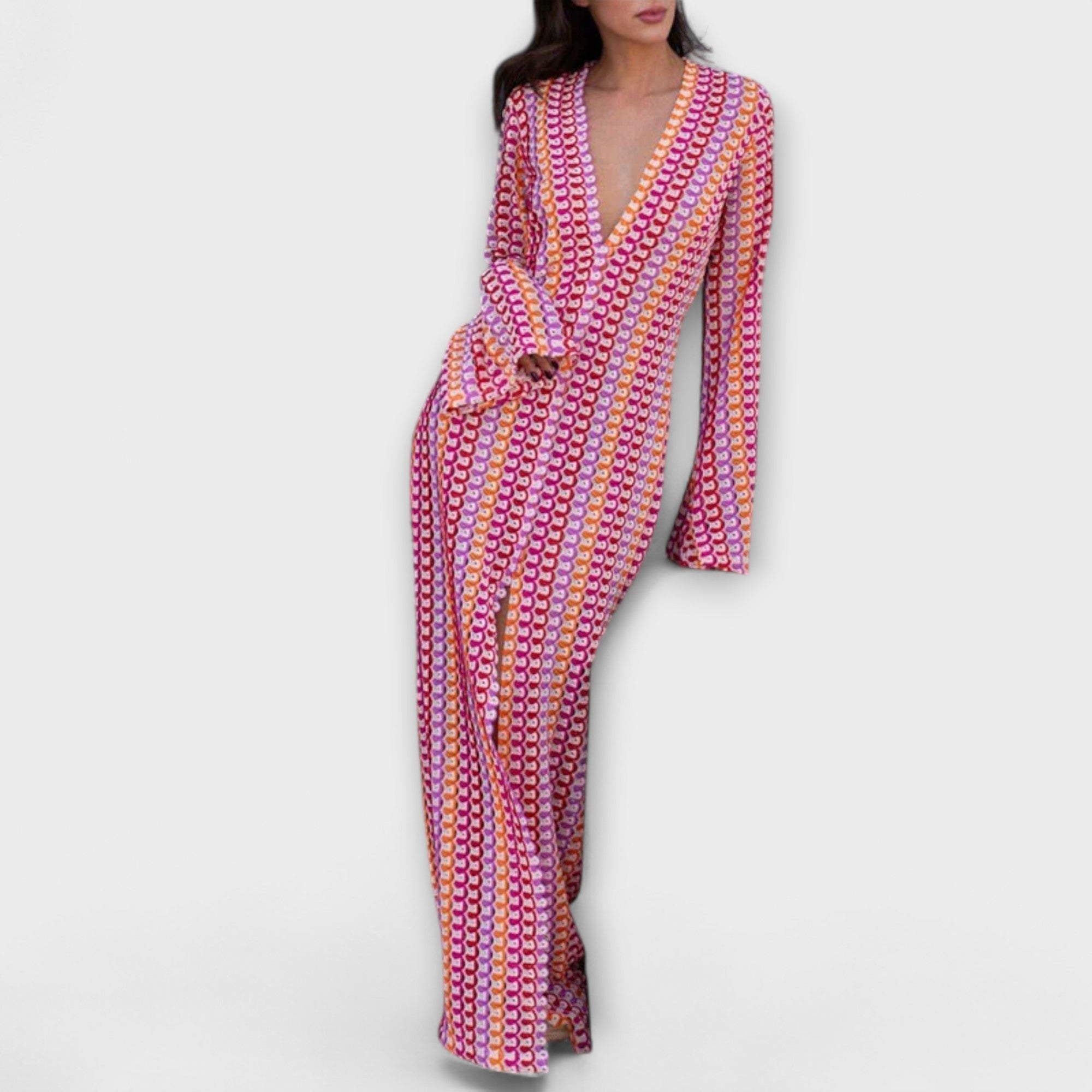 Maxikleid mit V-Ausschnitt, langen Ärmeln, pink-rot gemustert