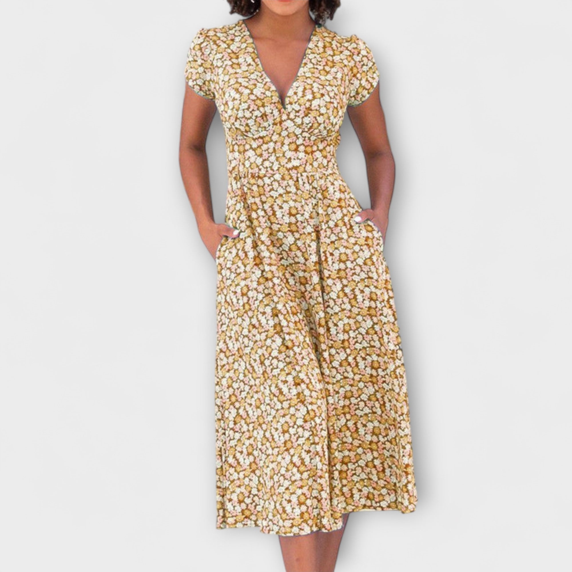 Gelbes Midi-Kleid mit Knopfleiste, V-Ausschnitt und kurzem Ärmel, florales Muster