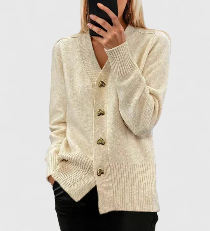 Cremefarbener Cardigan mit V-Ausschnitt, Knopfleiste und gerippten Bündchen