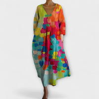 Fiona - Langes, farbenfrohes Kleid mit V-Ausschnitt