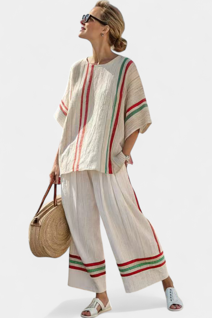 Set aus Bluse und Hose: Offwhite mit roten/grünen Streifen, lockerer, weiter Schnitt