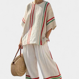 Set aus Bluse und Hose: Offwhite mit roten/grünen Streifen, lockerer, weiter Schnitt