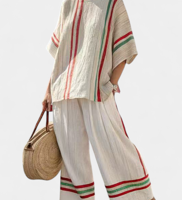 Set aus Bluse und Hose in Offwhite mit roten/grünen Längsstreifen und Streifen am Saum
