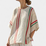 Bluse des Streifen-Sets: Offwhite mit roten und grünen Vertikalsstreifen, weite Ärmel