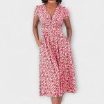 Rotes Midi-Kleid mit Knopfleiste, V-Ausschnitt und kurzem Ärmel, geblümt