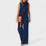 Damen-Set: ärmelloses Minimal-Top mit fließender Hose, dunkelblau