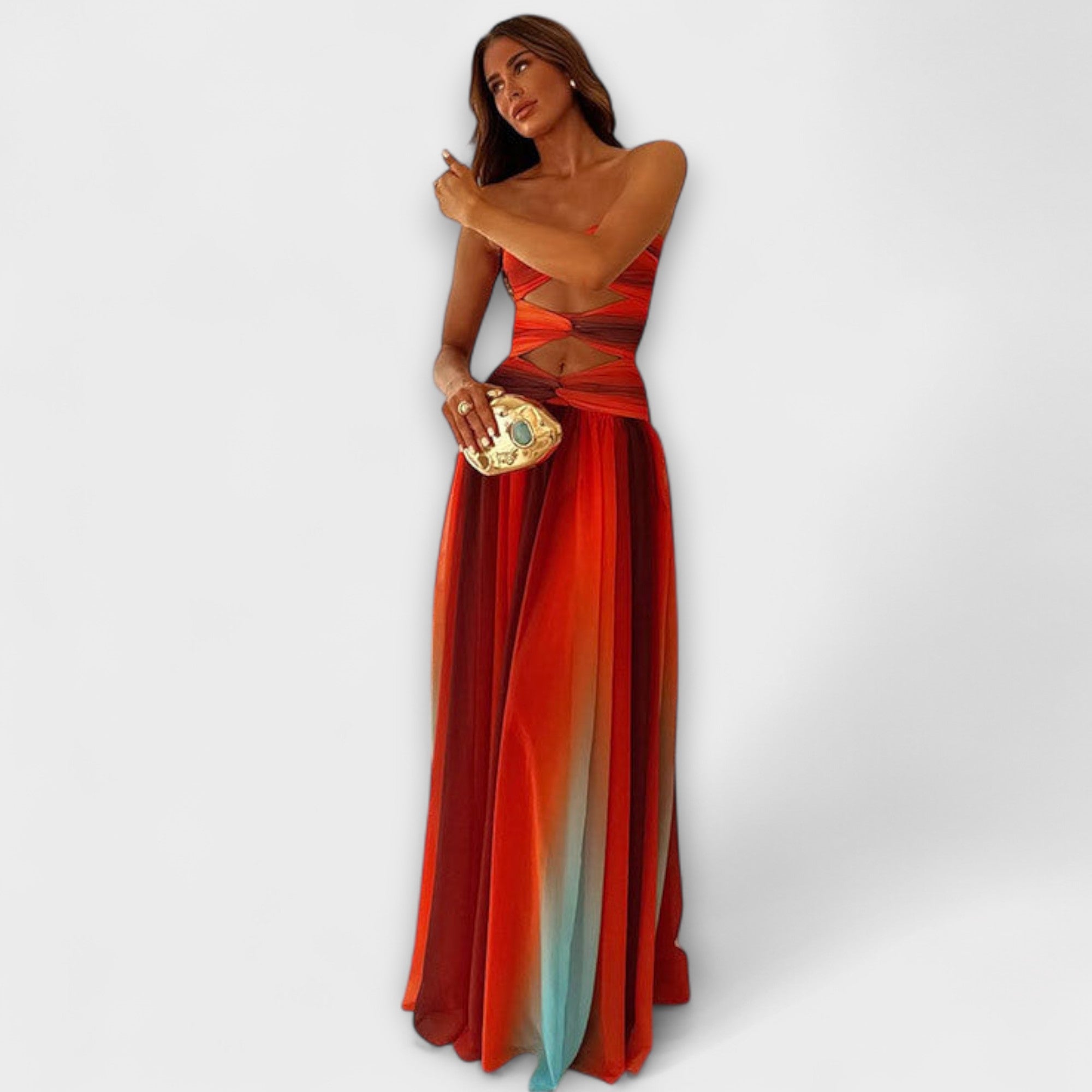 Trägerloses Maxikleid mit Schleife am Ausschnitt und Farbverlauf rot/türkis, tailliert
