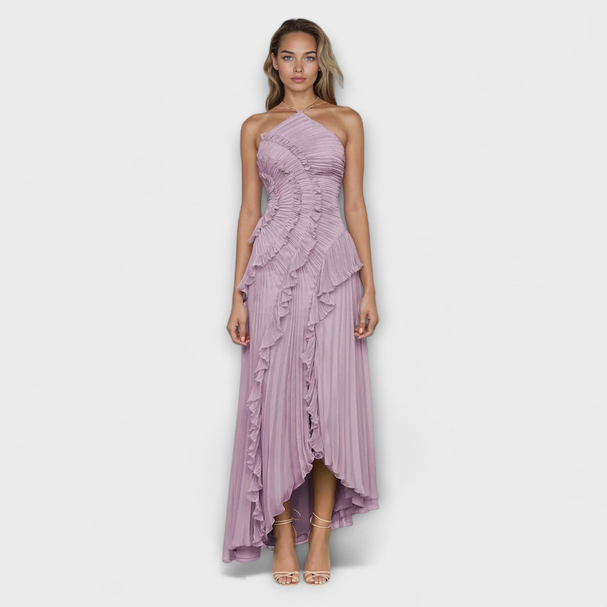 Ärmelloses langes Kleid mit Bandeau-Ausschnitt und gerafften Volants in Rosa