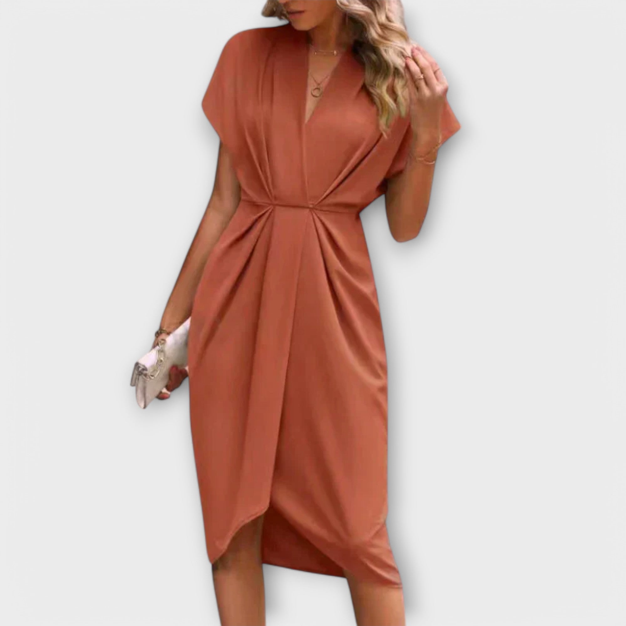 Wickel-Midi-Kleid mit V-Ausschnitt, kurzen Ärmeln und Bindegürtel, rostbraun