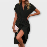 Wickel-Midi-Kleid mit V-Ausschnitt, kurzen Ärmeln und Bindegürtel, schwarz