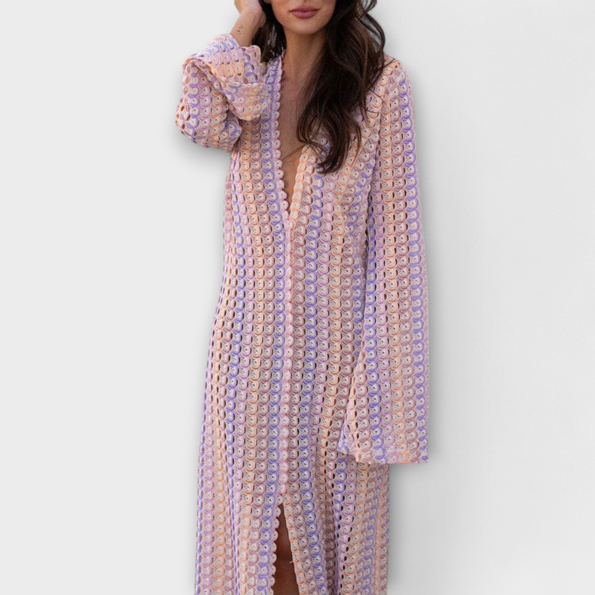 Maxikleid mit V-Ausschnitt, langen Ärmeln, flieder-pastell gemustert