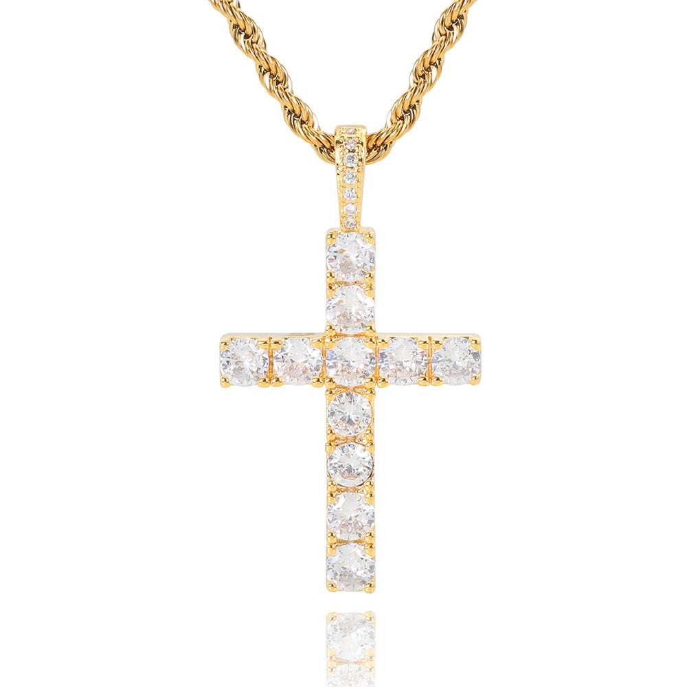 Kreuzanhänger mit Moissanit-Steinen, goldfarben vergoldete Kette und Kreuz