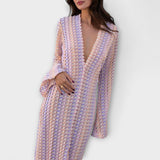 Maxikleid mit tiefem V-Ausschnitt, langen Ärmeln, flieder-pastell gemustert