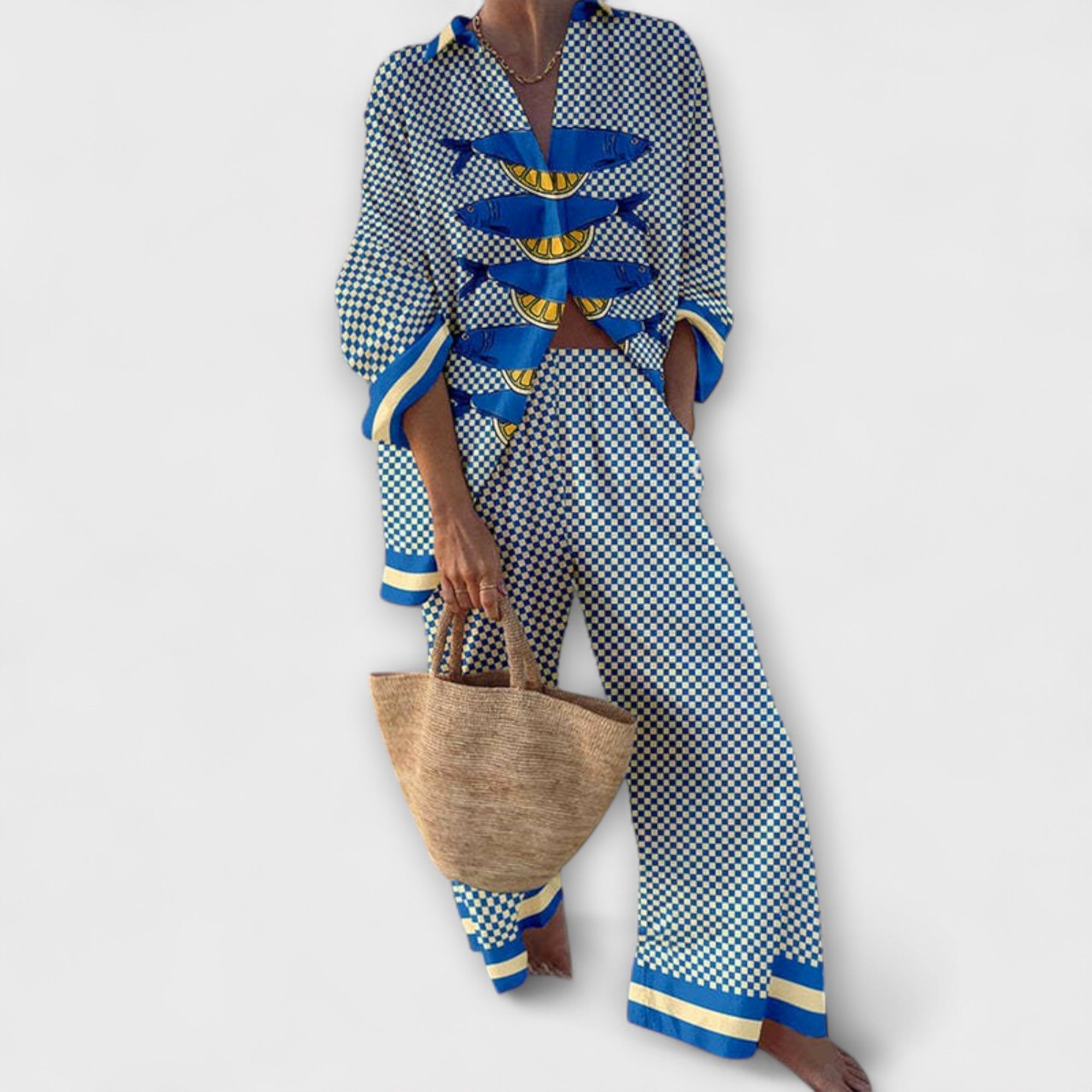 Gemusterte Damenjacke in Blau/Weiß mit gelb-blauen Zitronen-Details und Bindeband