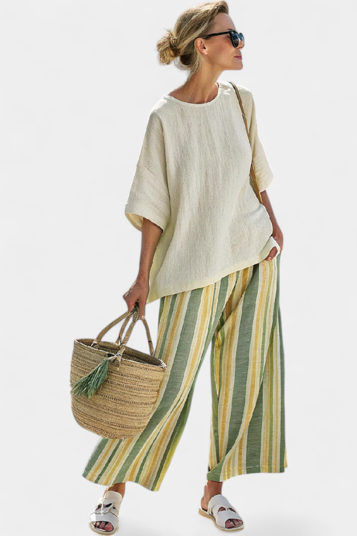 Set aus Bambusleinen: beiger Tunika-Top und Culottes mit weiten Beinen und Olivstreifen
