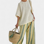 Set aus Bambusleinen: beiger Tunika-Top und Culottes mit weiten Beinen und Olivstreifen