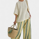 Set aus Bambusleinen: beiger Tunika-Top und Culottes mit weiten Beinen und Olivstreifen