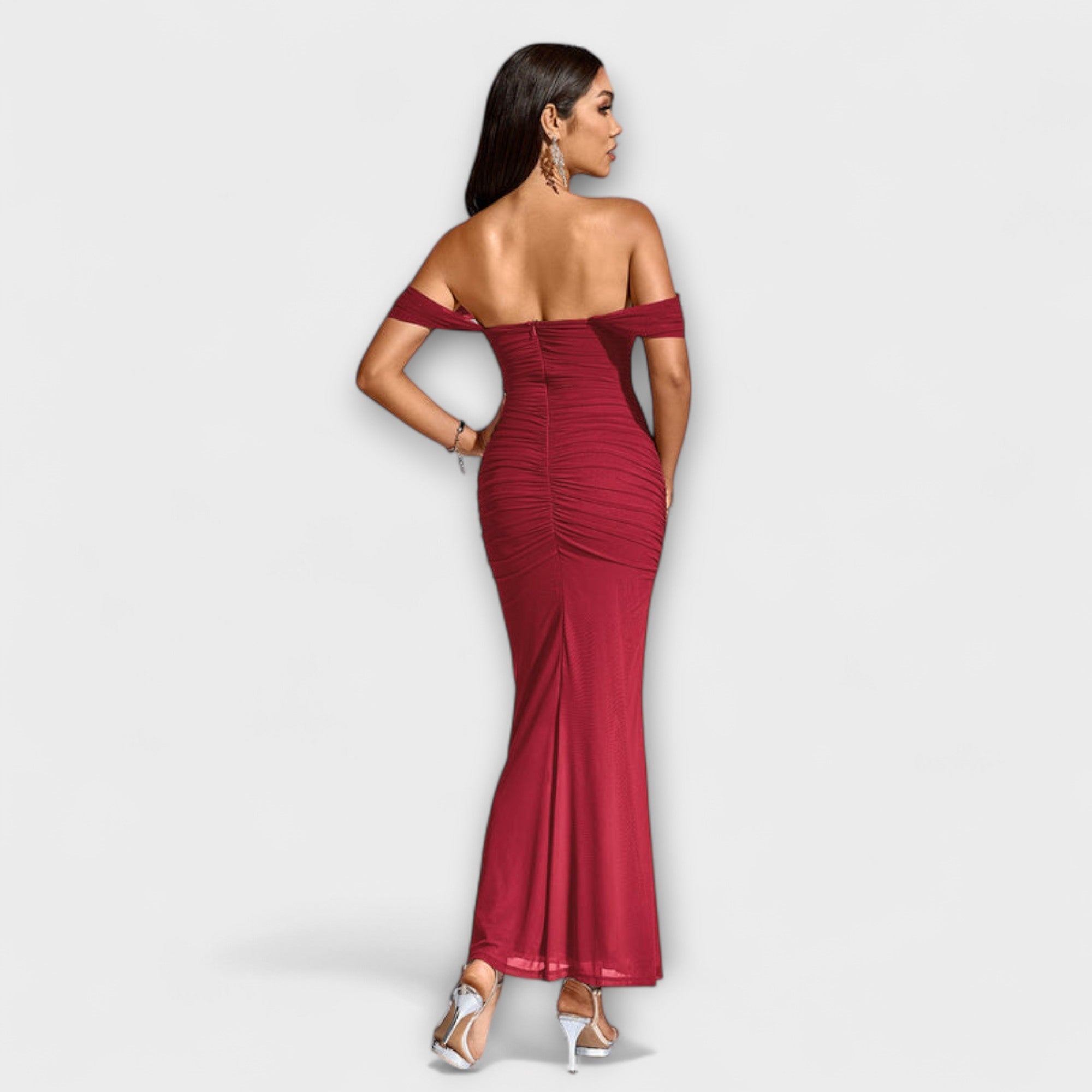 Ione Off-Shoulder-Raffung-Bodycon-Kleid, weinrot, offene Schultern, langer Rock