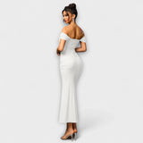 Off-Shoulder Bodycon-Kleid mit Raffung, schulterfrei, lang in Weiß