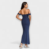 Off-Shoulder Raffungskleid, dunkelblau, enganliegendes Maxikleid mit offenem Rücken