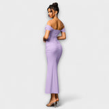 Off-Shoulder Bodycon-Kleid mit Raffung, schmaler Schnitt, langes Midi in Flieder