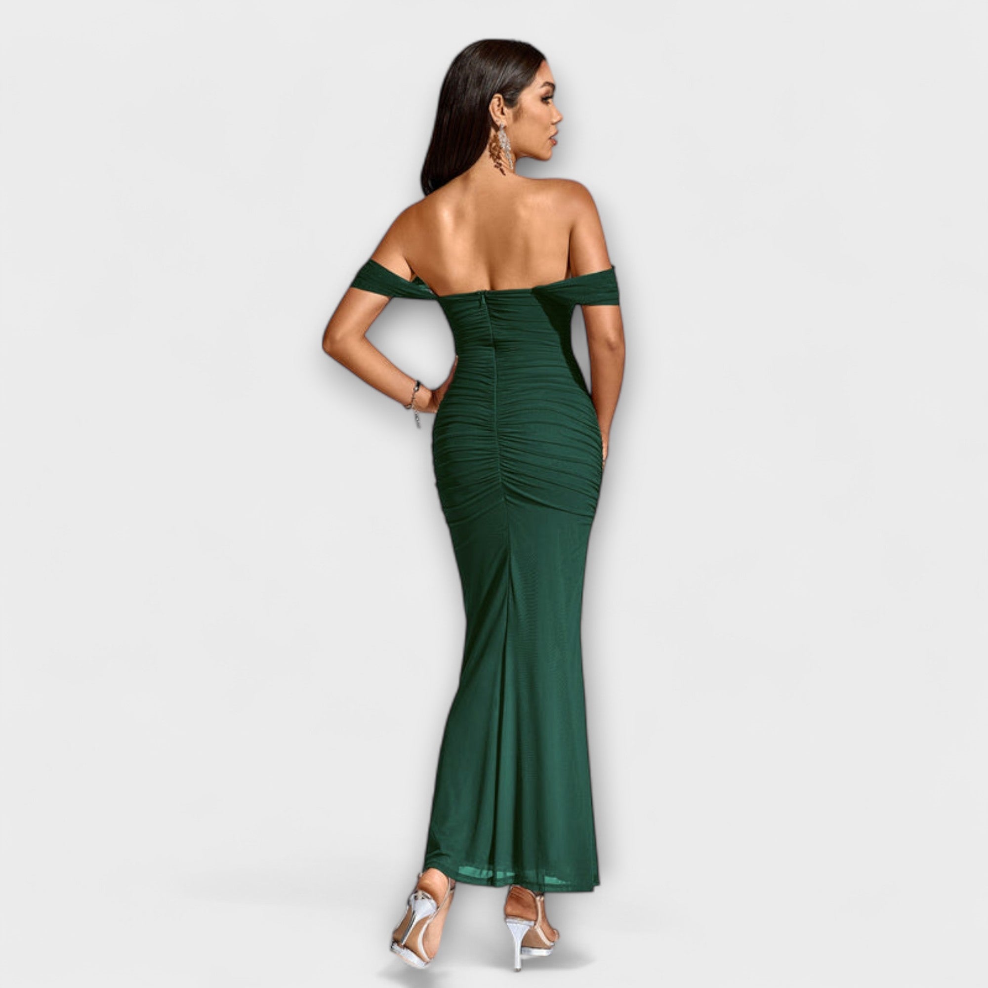 Off-Shoulder Raffungskleid, dunkelgrün, enganliegendes Maxikleid mit offenem Rücken