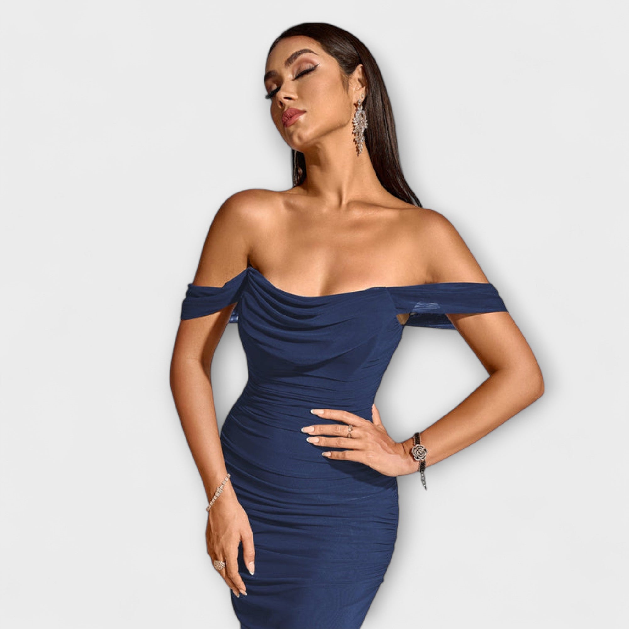 Off-Shoulder Raffungskleid, dunkelblau, enges Maxikleid mit schulterfreiem Drapé vorne