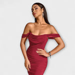 Ione Off-Shoulder-Raffung-Bodycon-Kleid, weinrot, gerafftes Off-Shoulder, figurbetont