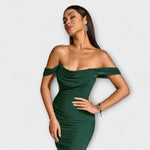 Off-Shoulder Raffungskleid, dunkelgrün, figurbetontes Maxikleid mit One-Shoulder-Ausschnitt