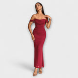 Ione Off-Shoulder-Raffung-Bodycon-Kleid, weinrot, eng anliegend, bodenlang