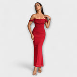 Off-Shoulder Raffungskleid, weinrot, figurbetontes Maxikleid mit schulterfreiem Drapé