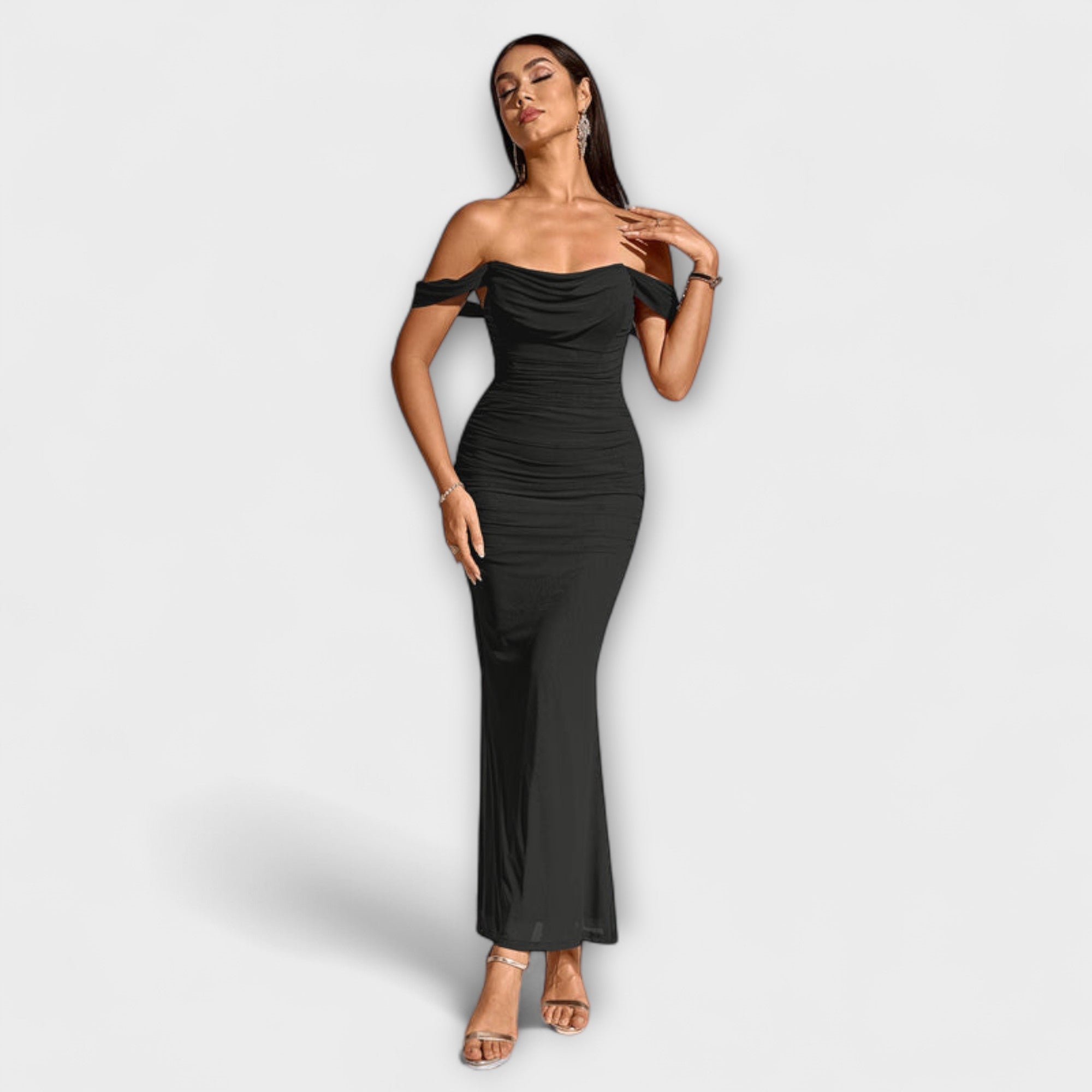 Ione Off-Shoulder-Raffung-Bodycon-Kleid, schwarz, off-shoulder, figurbetont, lang
