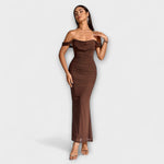Ione Off-Shoulder-Raffung-Bodycon-Kleid, braun, eng anliegend, bodenlang