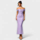 Off-Shoulder Bodycon-Kleid mit Raffung, schulterfrei, langes Midi in Flieder